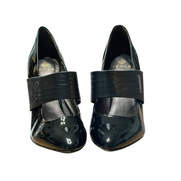 Isola Black Patent Leather Heels With Croc-Embossed Strap Womens Size 9M - Picture 2 of 12